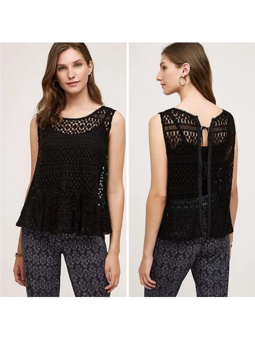 Anthropologie Tiny Womens Black Crochet Lace Peplum Tank Top Tie Back Cotton